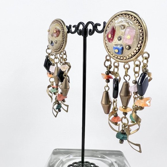 NWOT - BOHO Artisan Natural Stone & Antiqued Gold Tone Dangle Clip-On Earrings - Picture 2 of 7